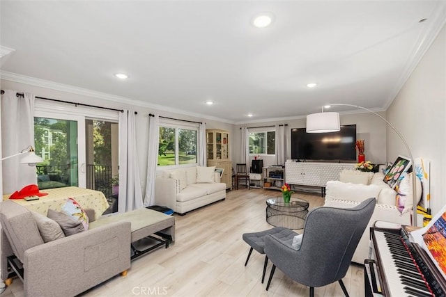 living room featuring ornamental molding and light hardwood / wood-style flooring