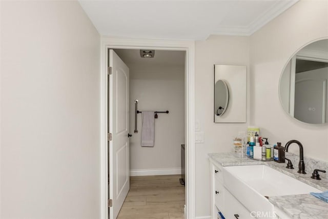 bathroom with vanity, hardwood / wood-style floors, and ornamental molding