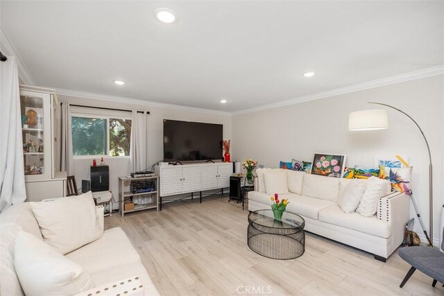 living room featuring light wood-type flooring and crown molding