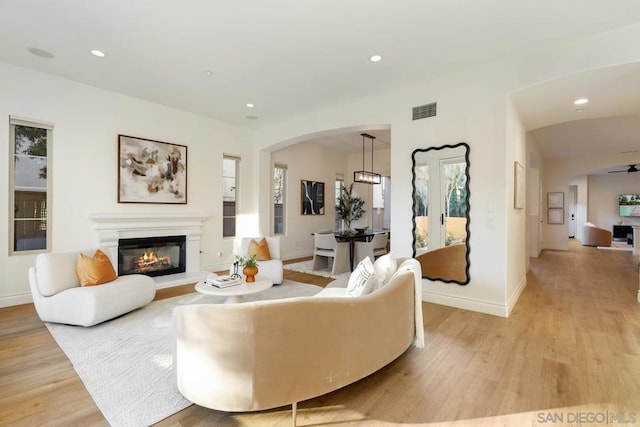 living room with ceiling fan and light hardwood / wood-style flooring