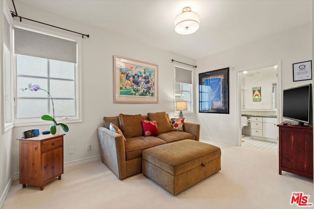 living room with light colored carpet