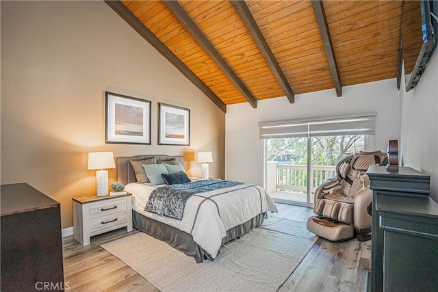 bedroom featuring wooden ceiling, access to exterior, lofted ceiling with beams, and light hardwood / wood-style flooring