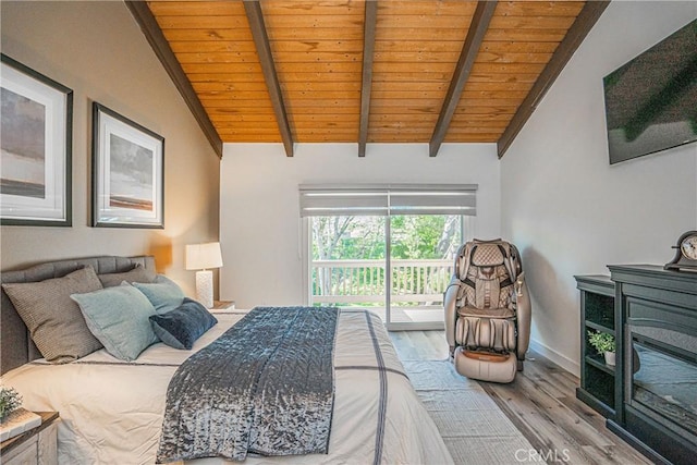 bedroom with light wood-type flooring, wooden ceiling, vaulted ceiling with beams, and access to exterior