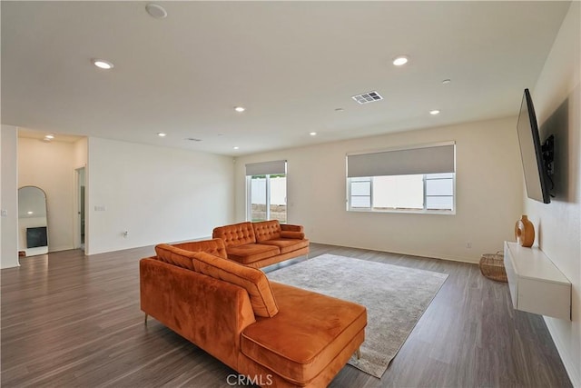 living room featuring dark wood-type flooring