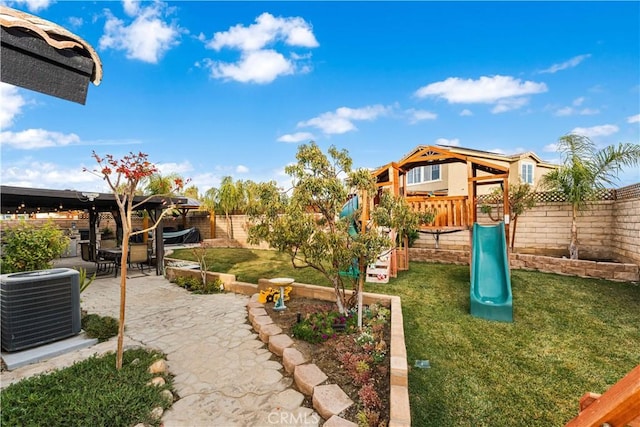 view of jungle gym with cooling unit, a lawn, and a patio