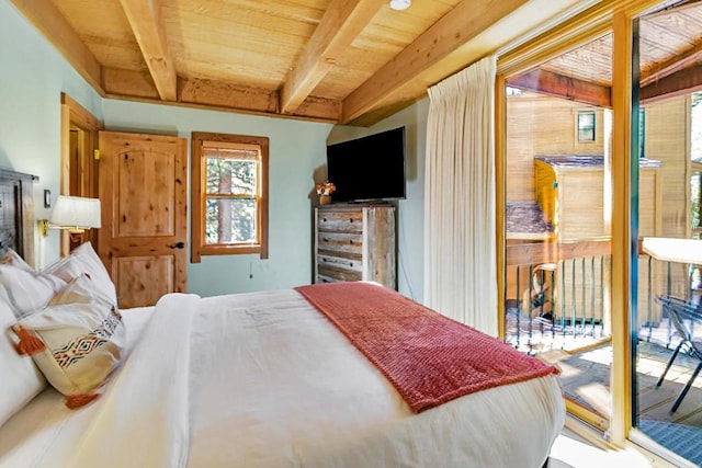 bedroom featuring beam ceiling, wood ceiling, and access to outside