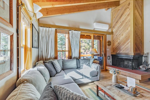 living room featuring an AC wall unit, a multi sided fireplace, and wooden walls