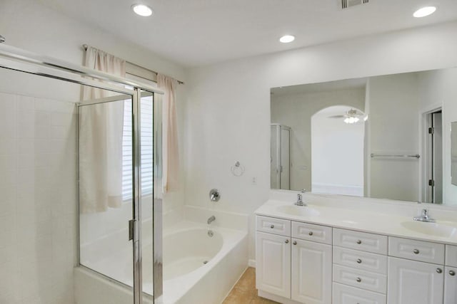 bathroom with vanity, tile patterned flooring, and separate shower and tub