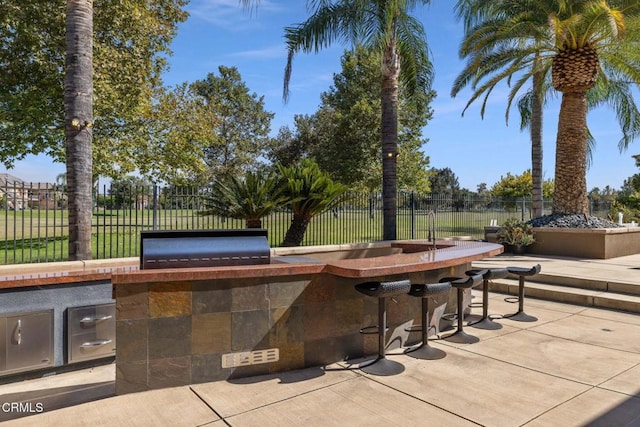 view of patio / terrace featuring exterior bar and an outdoor kitchen