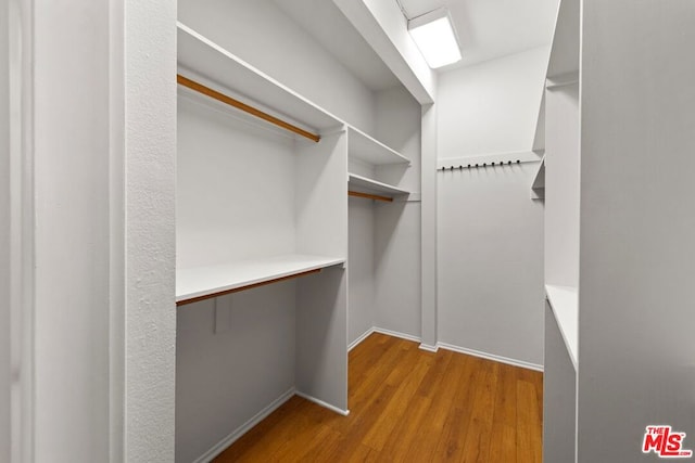 walk in closet with light hardwood / wood-style flooring