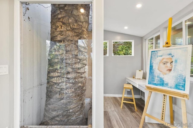 bathroom with hardwood / wood-style flooring and vaulted ceiling