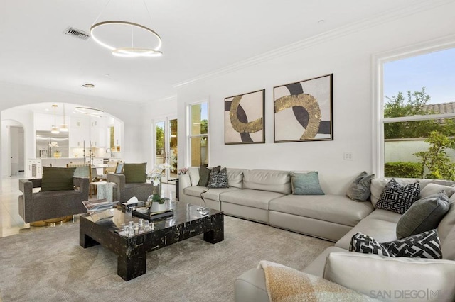 living room featuring crown molding