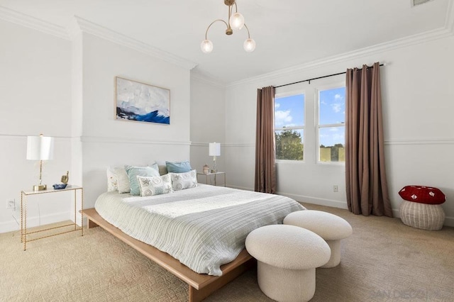 bedroom featuring ornamental molding and carpet