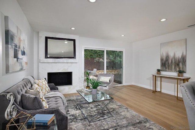 living room featuring a fireplace and hardwood / wood-style flooring