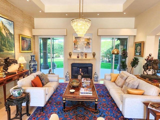 living room with a notable chandelier