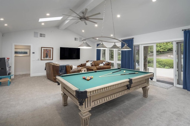 recreation room featuring pool table, ceiling fan, high vaulted ceiling, beam ceiling, and light colored carpet