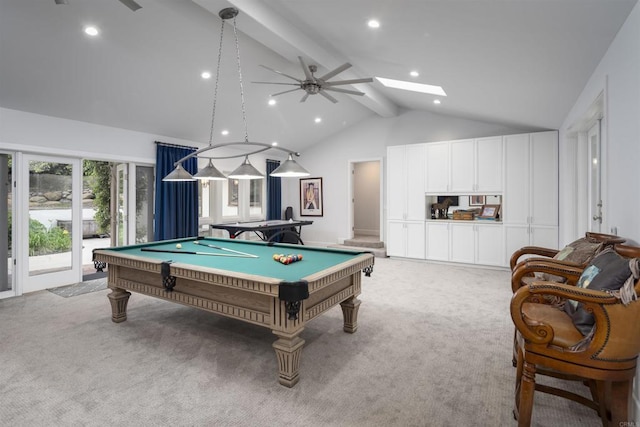 rec room featuring beamed ceiling, pool table, a skylight, high vaulted ceiling, and light colored carpet