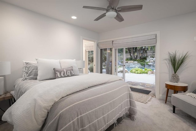 bedroom featuring ceiling fan, carpet flooring, and access to exterior