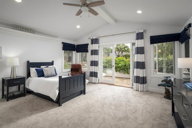 carpeted bedroom featuring access to outside, ceiling fan, and lofted ceiling with beams