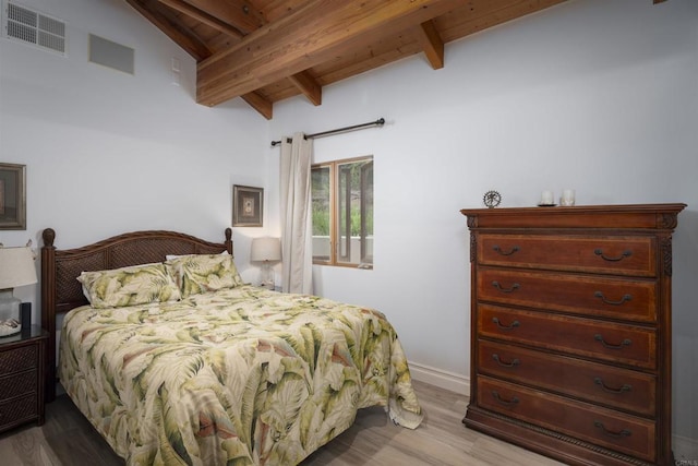 bedroom featuring light wood-type flooring, wooden ceiling, and lofted ceiling with beams