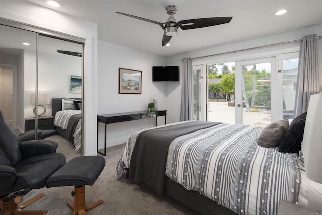 bedroom featuring ceiling fan, a closet, carpet floors, and access to exterior