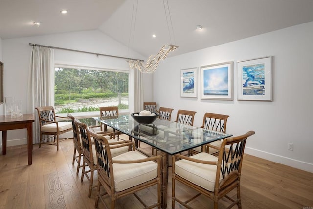 5041 El Secreto, Rancho Santa Fe, CA 92067 - dining room with light wood-style flooring, baseboards, lofted ceiling, a chandelier, and recessed lighting