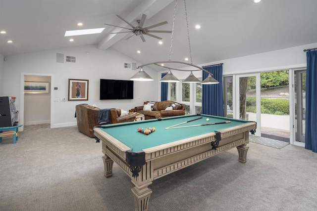 5041 El Secreto, Rancho Santa Fe, CA 92067 - recreation room with beamed ceiling, carpet flooring, ceiling fan, recessed lighting, and pool table