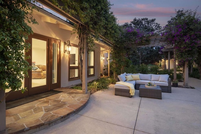 5041 El Secreto, Rancho Santa Fe, CA 92067 - patio terrace at dusk with an outdoor living space and a patio