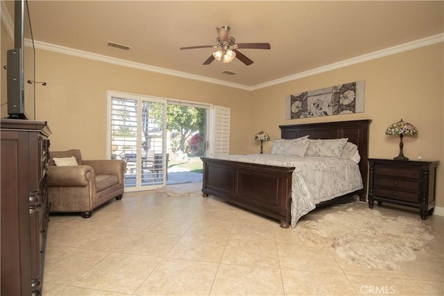 bedroom featuring ceiling fan, ornamental molding, access to outside, and light tile patterned flooring