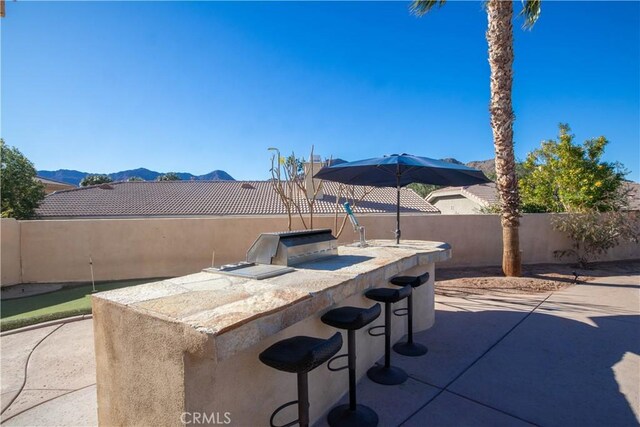 view of patio / terrace featuring a mountain view, exterior bar, and an outdoor kitchen