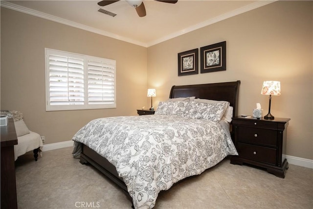 bedroom featuring ceiling fan, light tile patterned floors, and crown molding