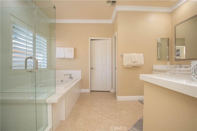 bathroom with separate shower and tub, vanity, tile patterned floors, and crown molding