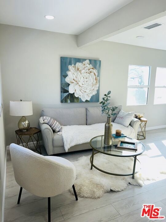 living room with beamed ceiling