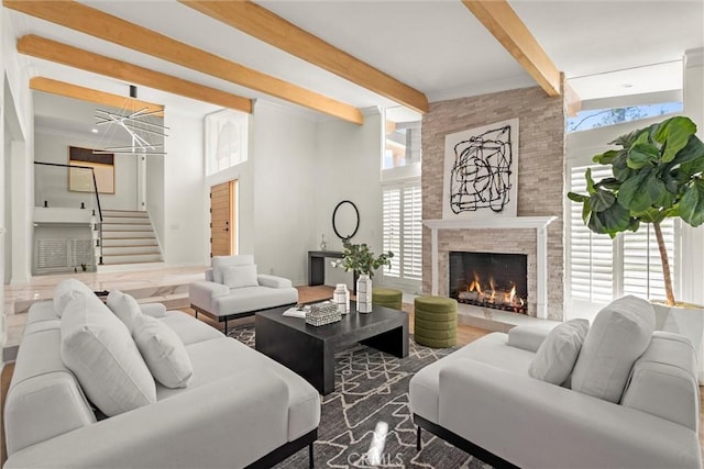 living room with beam ceiling