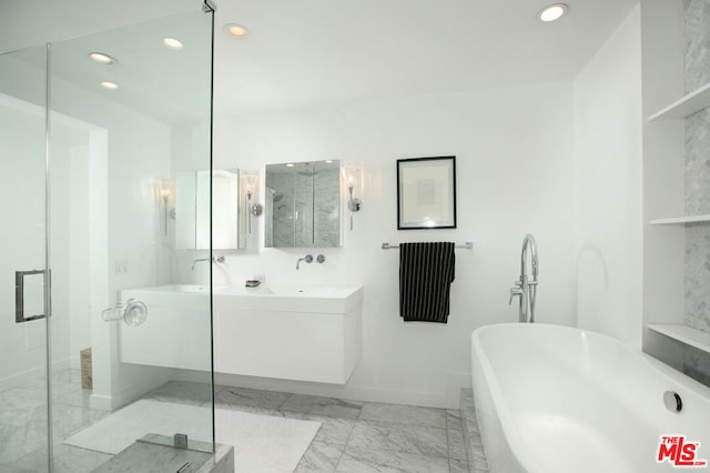 bathroom with shower with separate bathtub and vanity