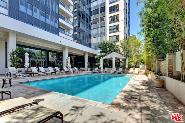 view of pool with a patio area and a gazebo