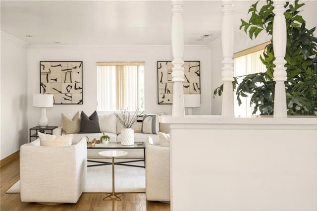 living room with hardwood / wood-style flooring and ornamental molding