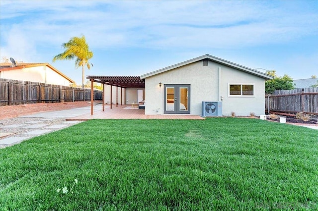 back of property featuring a lawn, a pergola, ac unit, french doors, and a patio