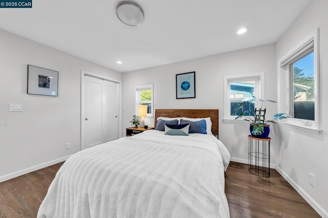 bedroom with dark wood-type flooring and multiple windows