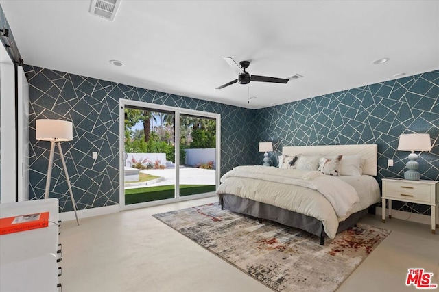 bedroom featuring ceiling fan and access to exterior