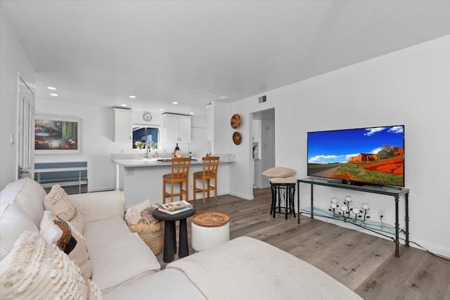 living room with light hardwood / wood-style floors and sink