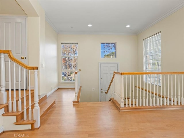 entryway with light hardwood / wood-style floors and crown molding