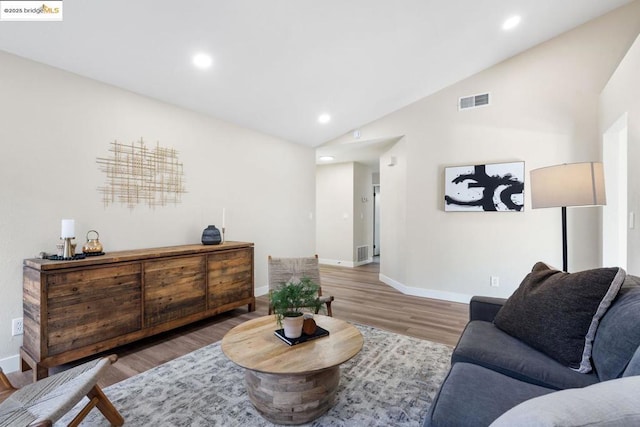 living room featuring lofted ceiling and wood-type flooring