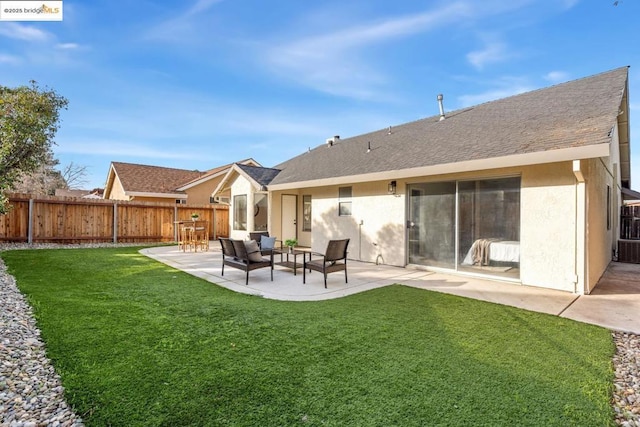 rear view of house featuring an outdoor hangout area, a patio, and a yard