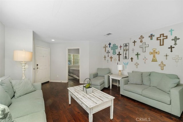 living room featuring dark wood-type flooring