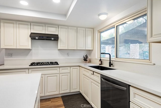 kitchen featuring black appliances, a tray ceiling, dark hardwood / wood-style flooring, white cabinetry, and sink