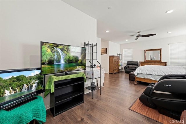 bedroom featuring ceiling fan and wood-type flooring