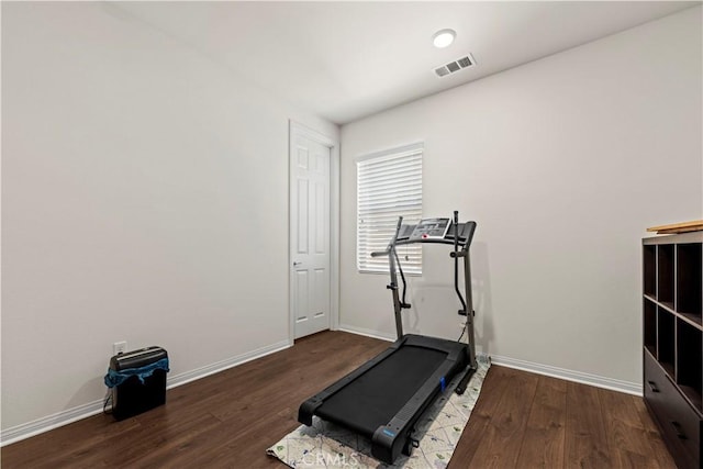 exercise room featuring dark wood-type flooring