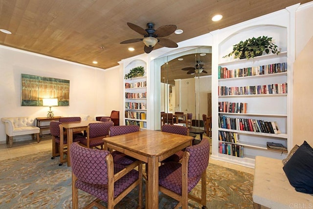 dining area featuring built in shelves and wooden ceiling