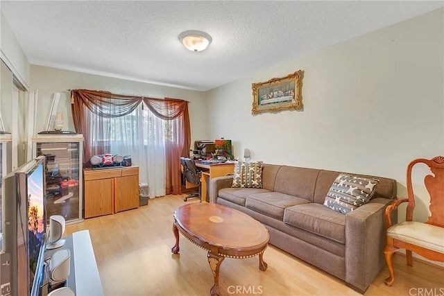 living area featuring light wood-style flooring and a textured ceiling